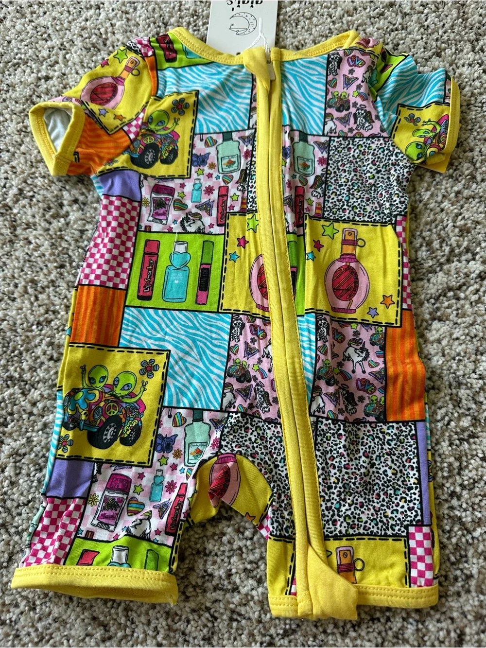 Girls' Multicolor Patchwork One-Piece Bamboo Bodysuit with Yellow Trim